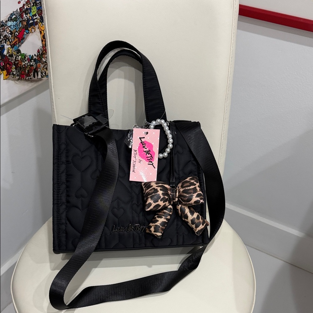 Betsey Johnson Black "Hearts" Satchel Crossbody Bag with Leopard Bow & Charms